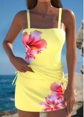 Yellow swimwear,Floral swimwear,Plants swimwear,ROTITA Yellow Floral Print Mid Waisted Tankini Set