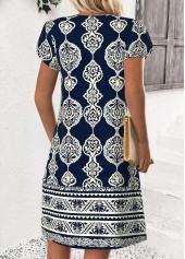 Navy dresses,Tribal dresses,Everyday dresses,Casual dresses,ROTITA Tribal Print Navy Short Split Neck Dress