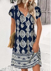 Navy dresses,Tribal dresses,Everyday dresses,Casual dresses,ROTITA Tribal Print Navy Short Split Neck Dress