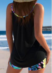 Black swimwear,Plants swimwear,ROTITA Black Tropical Plants Print Mid Waisted Tankini Set
