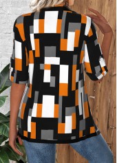 Black tops,Geometric tops,ROTITA Geometric Print Black Square Neck Fake Two Piece Twinset