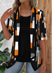 Black tops,Geometric tops,ROTITA Geometric Print Black Square Neck Fake Two Piece Twinset