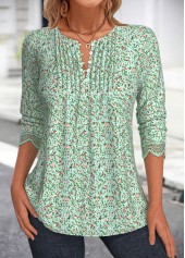 Grass Green tops,Ditsy Floral tops,ROTITA Ditsy Floral Print Grass Green Split Neck Blouse
