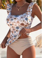 Light Camel swimwear,Floral swimwear,Plants swimwear,ROTITA Light Camel Floral Print Mid Waisted Tankini Set