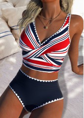 ROTITA Navy Multi Stripe Print High Waisted Bikini Set
