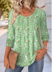 ROTITA Ditsy Floral Print Light Green Round Neck T Shirt