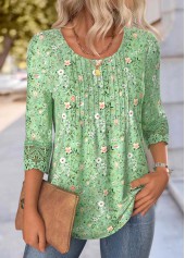 Light Green tops,Ditsy Floral tops,ROTITA Ditsy Floral Print Light Green Round Neck T Shirt