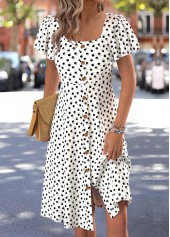 White dresses,Dot dresses,Everyday dresses,Casual dresses,ROTITA Polka Dot White Square Neck Short Sleeve Dress