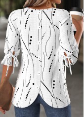 ROTITA Plus Size Button White Geometric Print T Shirt