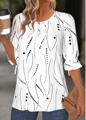 White plus size,Geometric plus size,Dot plus size,ROTITA Plus Size Button White Geometric Print T Shirt