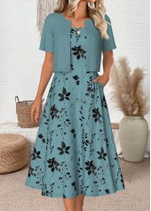 robe à col rond et cardigan cyan à imprimé feuilles de rotita