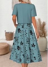 Cyan dresses,Plants dresses,Everyday dresses,Casual dresses,ROTITA Leaf Print Cyan Round Neck Dress and Cardigan