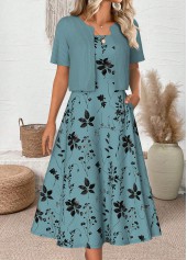 Cyan dresses,Plants dresses,Everyday dresses,Casual dresses,ROTITA Leaf Print Cyan Round Neck Dress and Cardigan