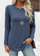 Blue tops,Plain Color tops,ROTITA Blue Round Neck Long Sleeve T Shirt