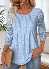 Light Blue tops,Plain Color tops,ROTITA Light Blue Round Neck 3/4 Sleeve T Shirt