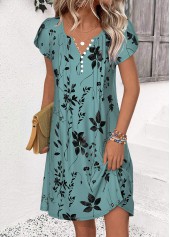 robe courte à col fendu turquoise à imprimé feuilles de Rotita