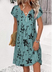 Turquoise dresses,Plants dresses,Everyday dresses,Casual dresses,ROTITA Leaf Print Turquoise Short Split Neck Dress