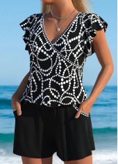 Black swimwear,Geometric swimwear,Dot swimwear,ROTITA Black Geometric Print One Piece Swimwear