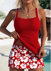 ROTITA Red Floral Print Mid Waisted Tankini Set