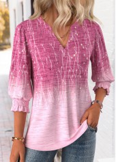 Pink tops,Ombre tops,ROTITA Ombre Pink Round Neck 3/4 Sleeve Blouse