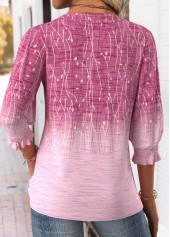 Pink tops,Ombre tops,ROTITA Ombre Pink Round Neck 3/4 Sleeve Blouse