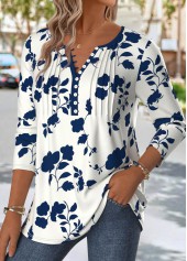 Navy tops,Floral tops,Plants tops,ROTITA Floral Print Navy Split Neck Long Sleeve T Shirt
