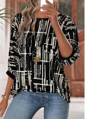 Black tops,Geometric tops,ROTITA Geometric Print Black Round Neck 3/4 Sleeve Blouse