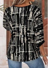 Black tops,Geometric tops,ROTITA Geometric Print Black Round Neck 3/4 Sleeve Blouse