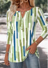 Multi Color tops,Geometric tops,ROTITA Geometric Print Multi Color Split Neck T Shirt