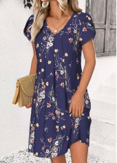 robe courte bleu marine à imprimé floral Rotita et col en V