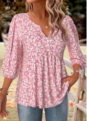 Pink tops,Ditsy Floral tops,ROTITA Ditsy Floral Print Pink Split Neck 3/4 Sleeve Blouse