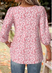 Pink tops,Ditsy Floral tops,ROTITA Ditsy Floral Print Pink Split Neck 3/4 Sleeve Blouse