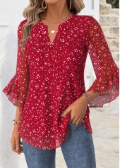 Red tops,Floral tops,Plants tops,ROTITA Floral Print Red Split Neck 3/4 Sleeve Blouse