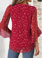 Red tops,Floral tops,Plants tops,ROTITA Floral Print Red Split Neck 3/4 Sleeve Blouse