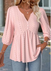 Light Pink tops,Plain Color tops,ROTITA Light Pink Split Neck 3/4 Sleeve Blouse