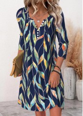 Navy dresses,Plants dresses,Everyday dresses,Casual dresses,ROTITA Leaf Print Navy Short Split Neck Long Sleeve Dress
