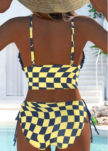 Light Yellow swimwear,Plaid swimwear,Geometric swimwear,ROTITA Two Piece Light Yellow Plaid Mid Waisted Bikini Set