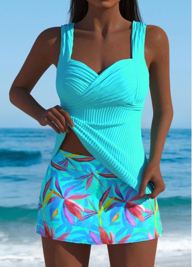Cyan swimwear,Plants swimwear,ROTITA Cyan Leaf Print Mid Waisted Tankini Set