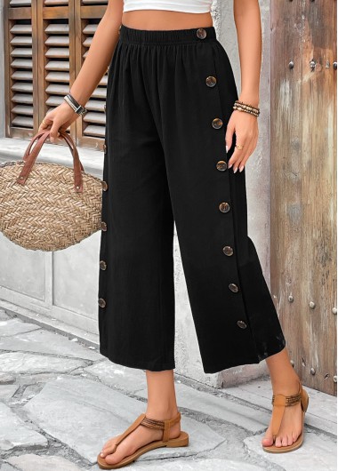 Black bottoms,Plain Color bottoms,Black Straight Leg Elastic Waist High Waisted Pants