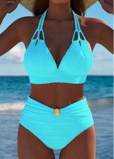 Cyan swimwear,Plain Color swimwear,ROTITA Cyan Mid Waisted Patchwork Bikini Set