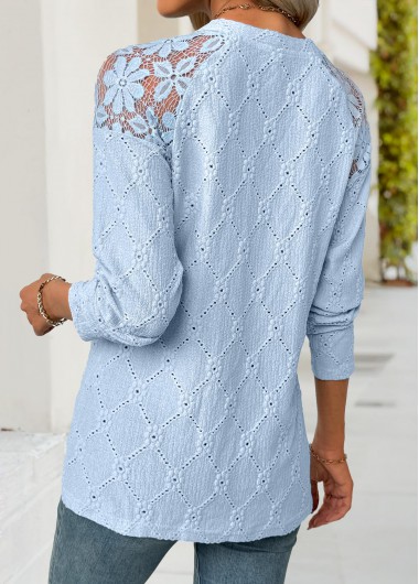 Light Blue tops,Plain Color tops,ROTITA Light Blue Round Neck Long Sleeve T Shirt