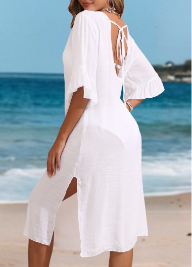 White swimwear,Plain Color swimwear,Ruffle V Neck White Split Cover Up
