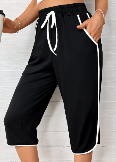 Black bottoms,Plain Color bottoms,Black Straight Leg Elastic Waist High Waisted Pants