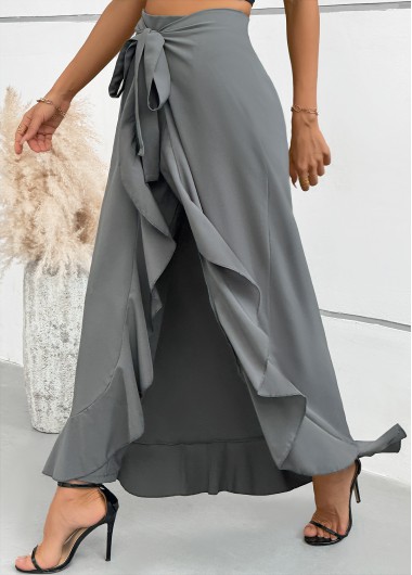 Grey bottoms,Plain Color bottoms,Grey Wide Leg Elastic Waist Mid Waisted Pants