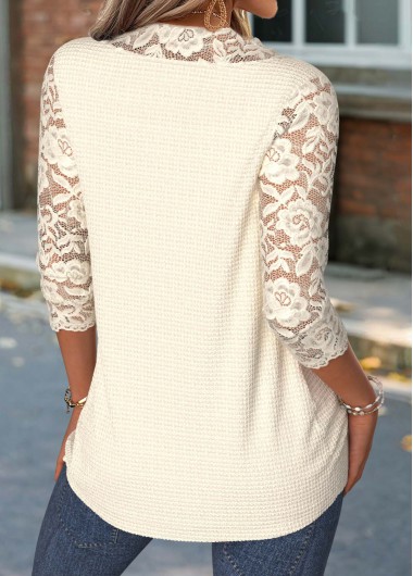 Beige tops,Plain Color tops,ROTITA Beige V Neck 3/4 Sleeve T Shirt