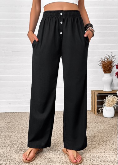 Black bottoms,Plain Color bottoms,Black Straight Leg Elastic Waist High Waisted Pants