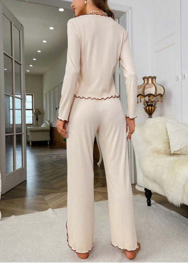 Beige loungewear,Plain Color loungewear,Beige V Neck Long Sleeve Lounge Top and Pants