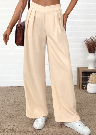 Beige bottoms,Plain Color bottoms,Pocket Beige Wide Leg Elastic Waist High Waisted Pants