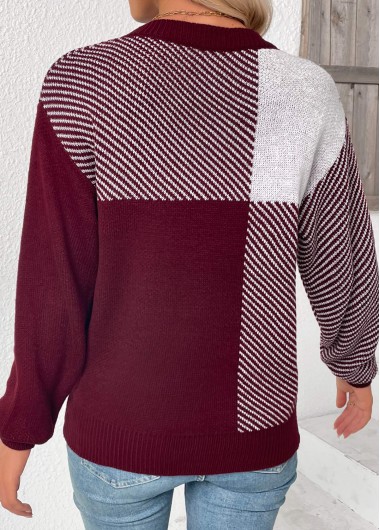 Deep Red tops,Striped tops,Geometric tops,Tummy Coverage Striped Deep Red Round Neck Sweater