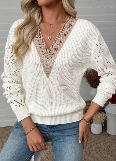Beige tops,Plain Color tops,Beige V Neck Long Sleeve Sweater
